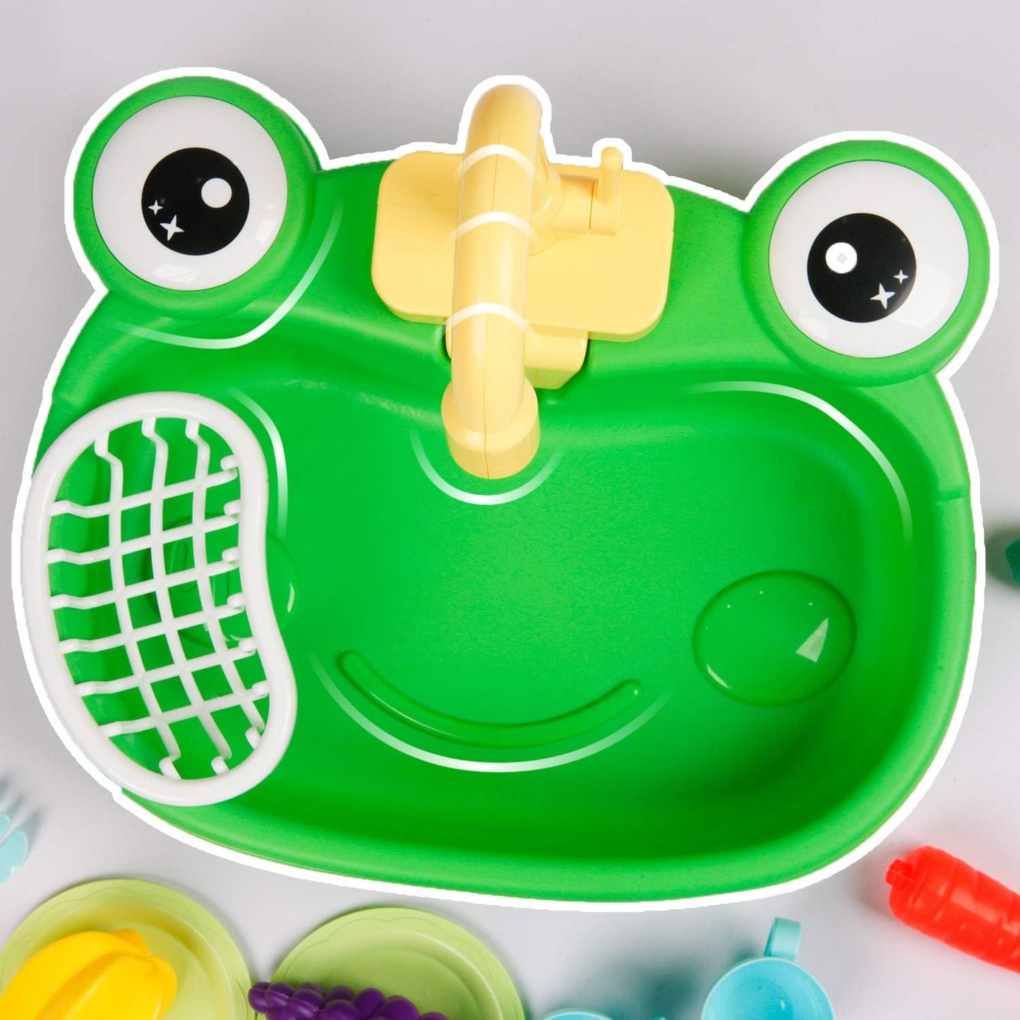 Play Sink with Running Water, Kitchen Sink Toys with Upgraded Electric Faucet, Pretend Play Utensils Accessories and Play Cutting Food for Kids Role Play Dishwasher Toy (Cute Frog)