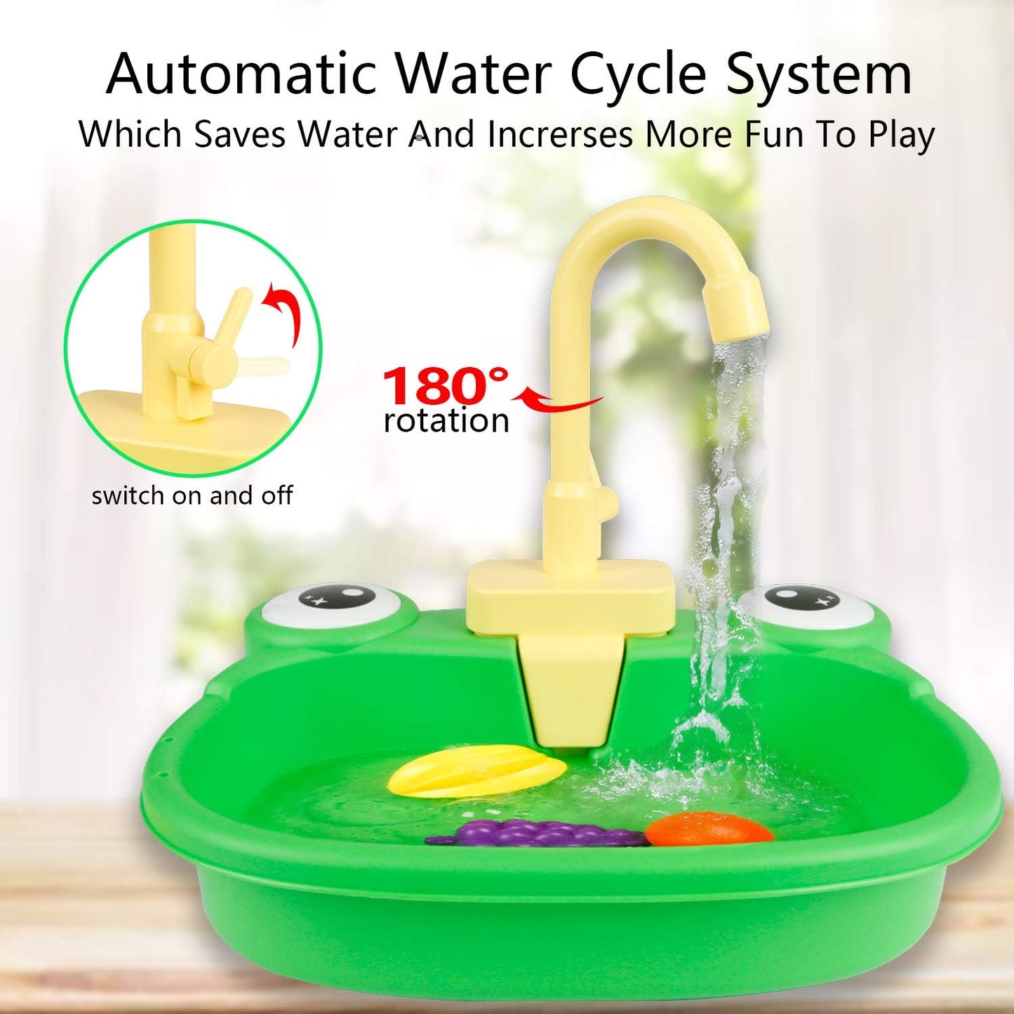 Play Sink with Running Water, Kitchen Sink Toys with Upgraded Electric Faucet, Pretend Play Utensils Accessories and Play Cutting Food for Kids Role Play Dishwasher Toy (Cute Frog)