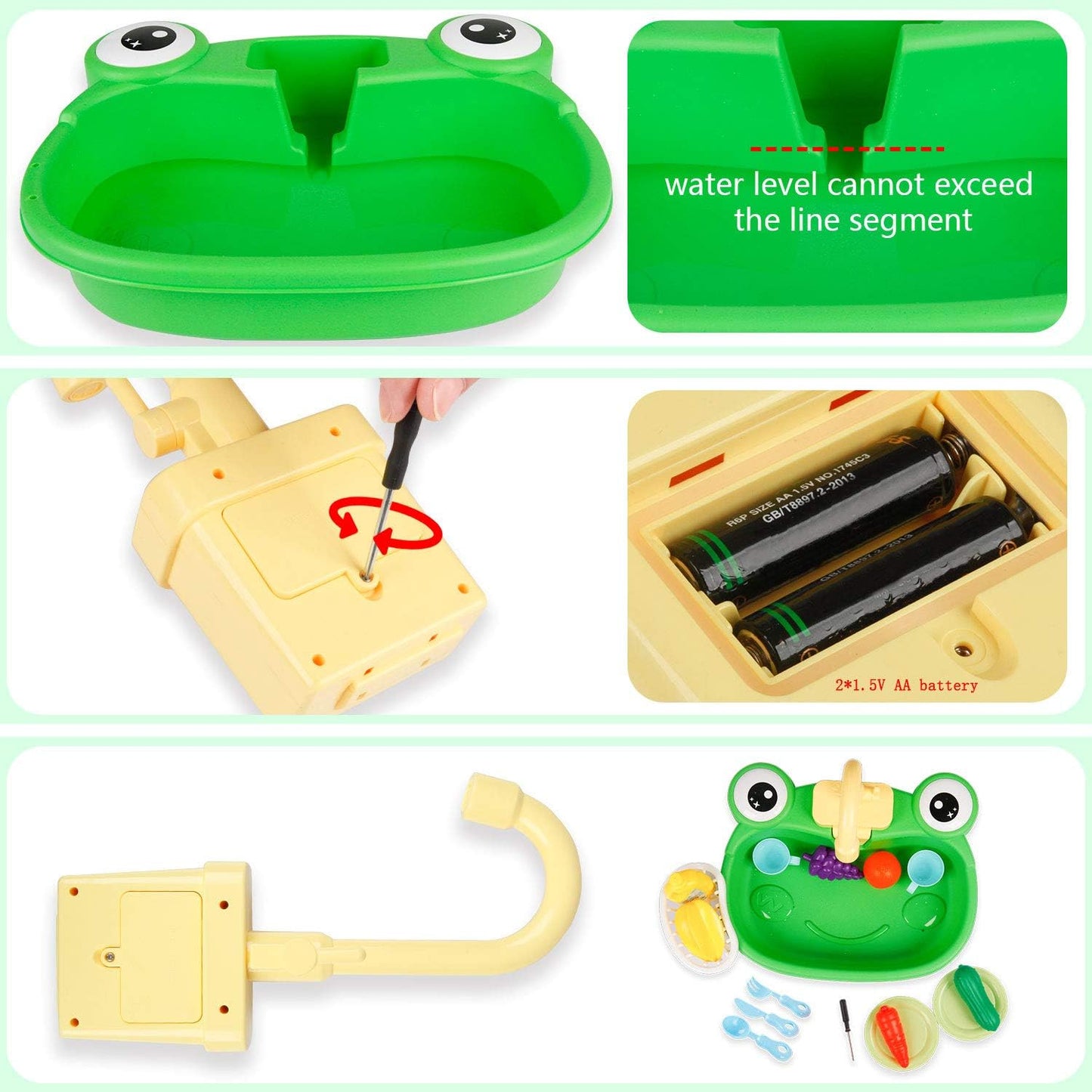 Play Sink with Running Water, Kitchen Sink Toys with Upgraded Electric Faucet, Pretend Play Utensils Accessories and Play Cutting Food for Kids Role Play Dishwasher Toy (Cute Frog)