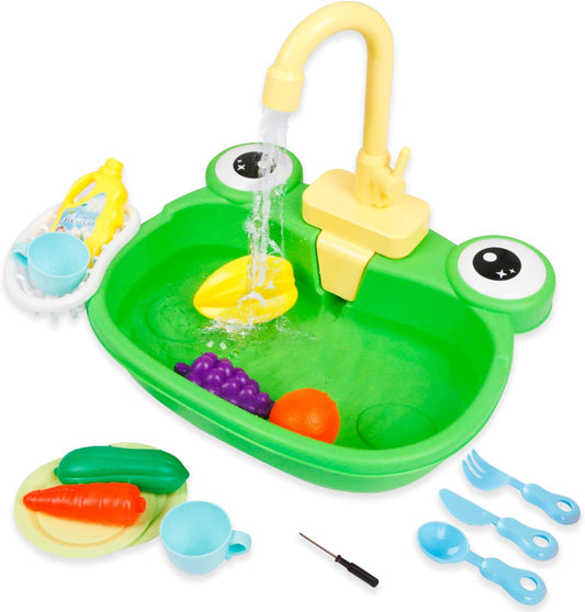 Play Sink with Running Water, Kitchen Sink Toys with Upgraded Electric Faucet, Pretend Play Utensils Accessories and Play Cutting Food for Kids Role Play Dishwasher Toy (Cute Frog)