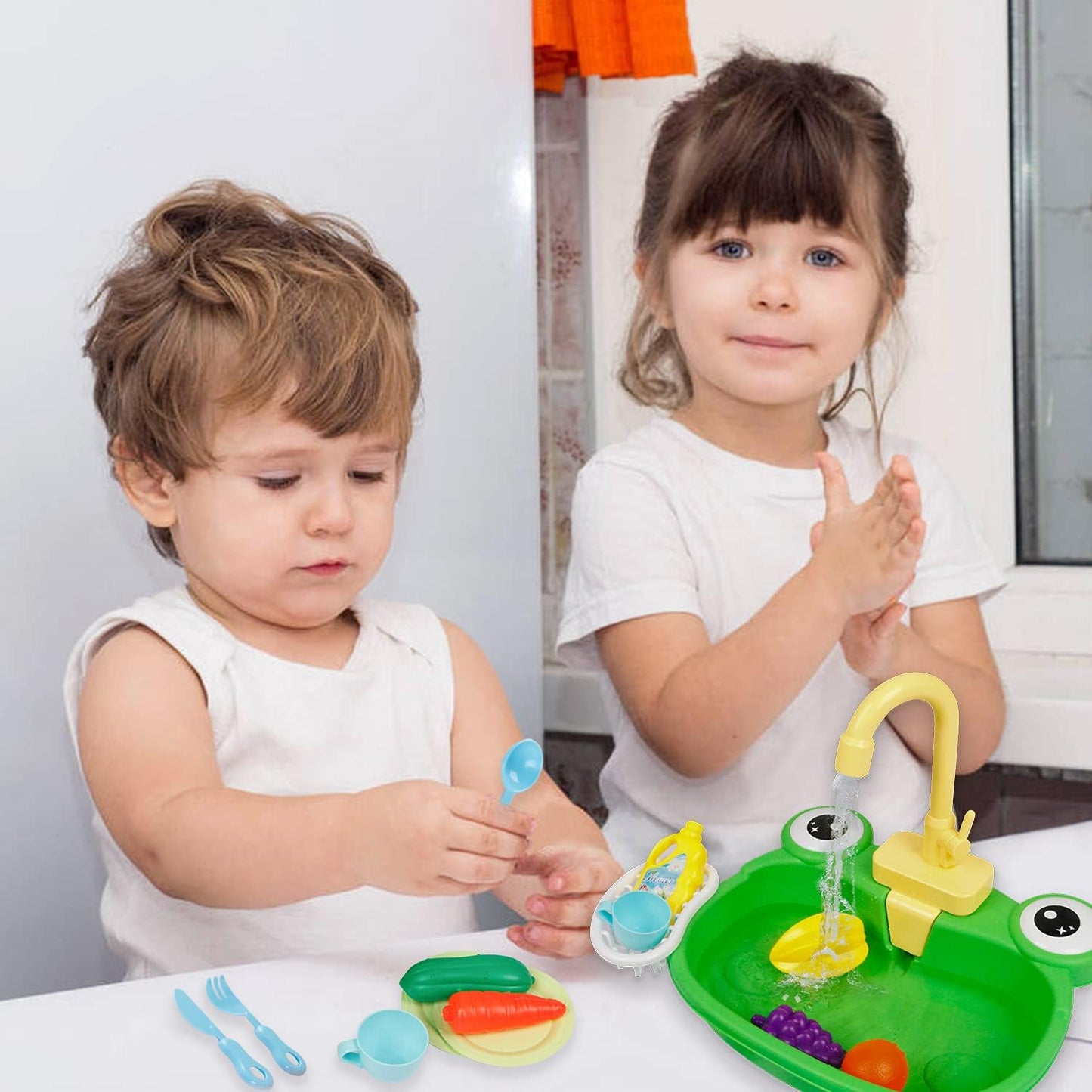 Play Sink with Running Water, Kitchen Sink Toys with Upgraded Electric Faucet, Pretend Play Utensils Accessories and Play Cutting Food for Kids Role Play Dishwasher Toy (Cute Frog)