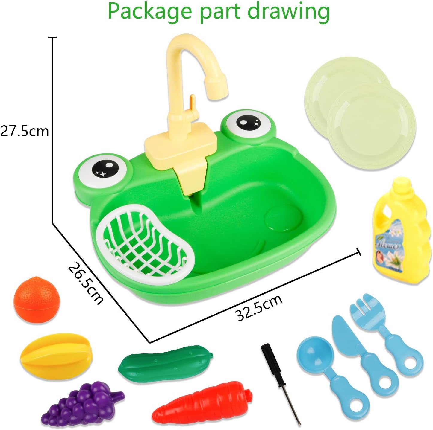 Play Sink with Running Water, Kitchen Sink Toys with Upgraded Electric Faucet, Pretend Play Utensils Accessories and Play Cutting Food for Kids Role Play Dishwasher Toy (Cute Frog)
