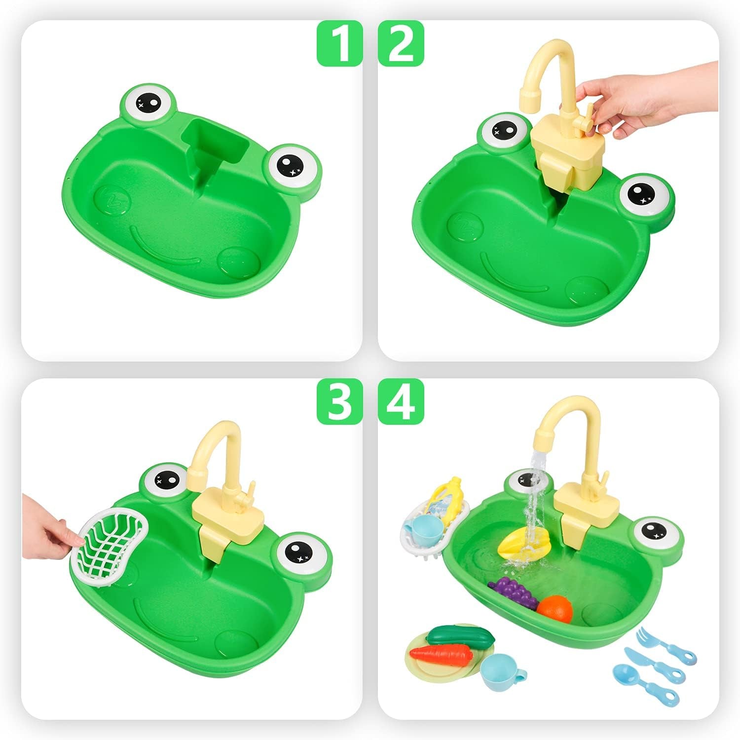 Play Sink with Running Water, Kitchen Sink Toys with Upgraded Electric Faucet, Pretend Play Utensils Accessories and Play Cutting Food for Kids Role Play Dishwasher Toy (Cute Frog)